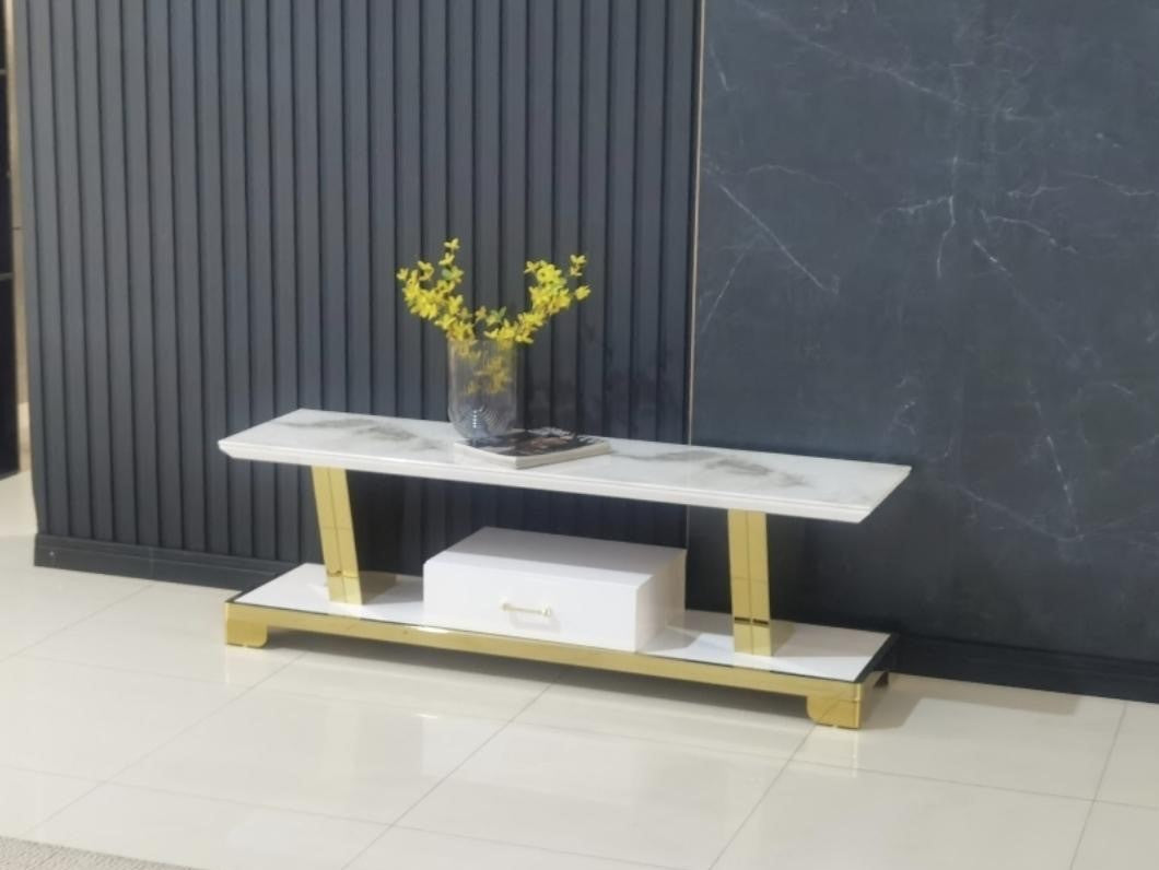 Meuble TV en marbre couleur blanc pieds dorée en acier inoxydable 150 cm